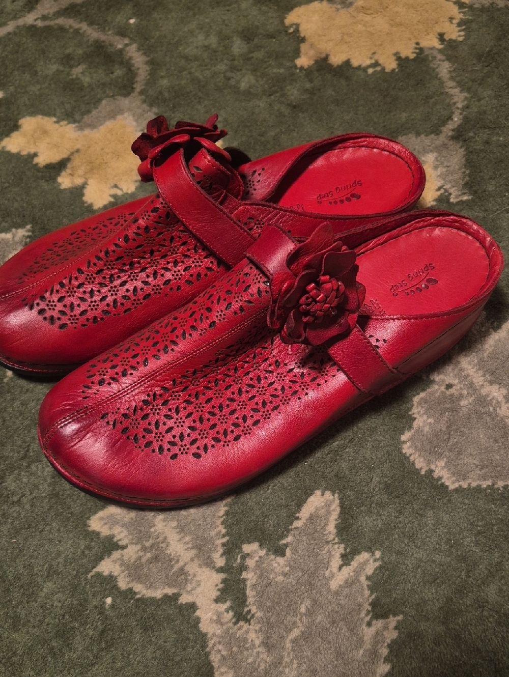 Spring Step Red Leather Floral Cutout Slip-On Clogs